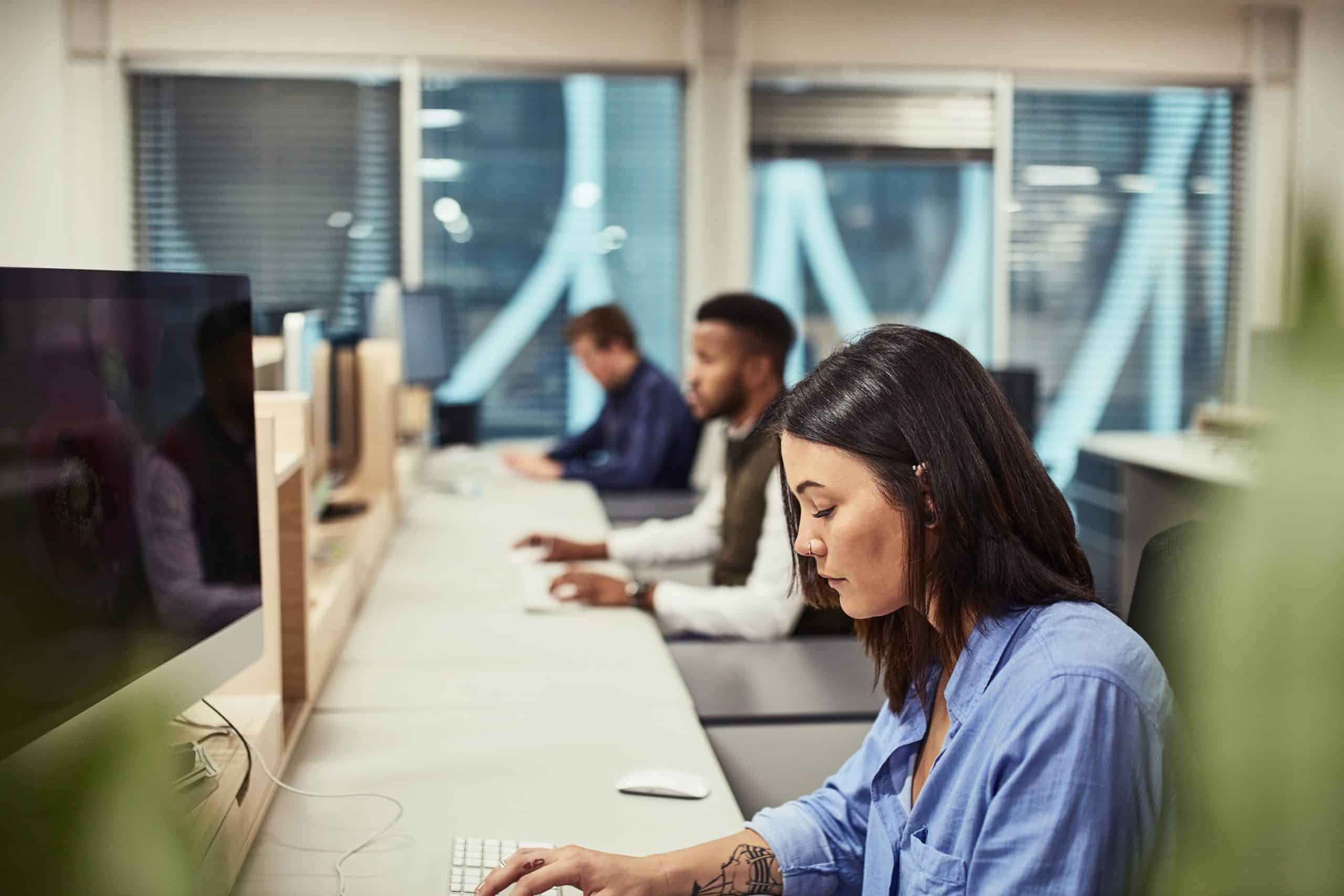 Cubicle,,Typing,And,Businesswoman,With,Computer,In,Office,With,Research